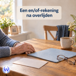 Nabestaande aan tafel met bankdocumenten en een lege stoel, bij informatie over een en/of-rekening na het overlijden van een partner.